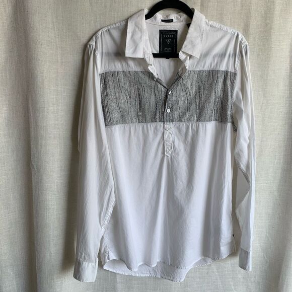 Abstract Button Up Shirt Mens Size L White Black Long Sleeve Y2K Retro GUESS - Picture 14 of 16
